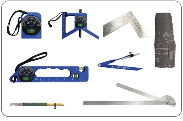 Tools and equipment for pipefitting, including pipe cutters, wrenches, and deburring tools, essential for precise measurements and secure connections.